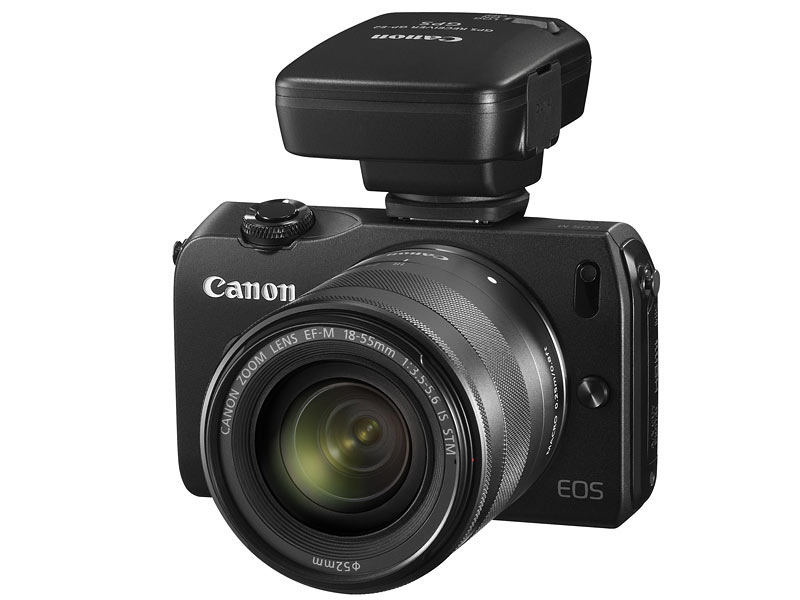 Canon EOS M with the hot-shoe mounted GPE-2 GPS receiver